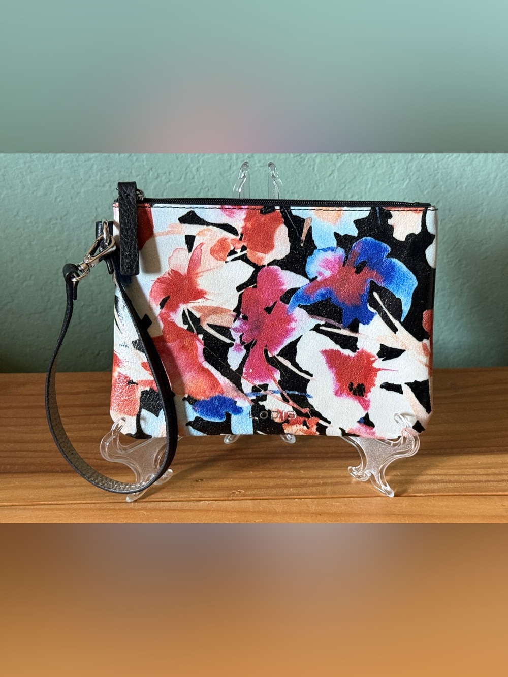 LODIS Genuine Leather Floral Wristlet Clutch Pouch 6.75 x 5 Inches